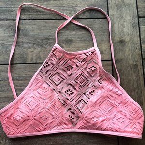 AERIE Coral Bikini Halter Top w/ Mesh Overlay XS